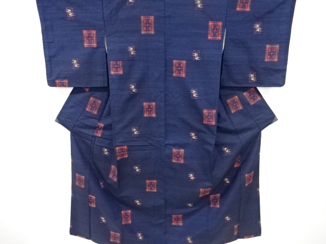 枡に絣柄織り出し手織り紬着物